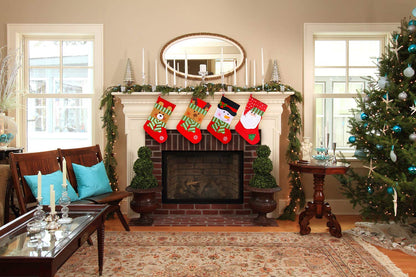 Lvydec 4 Pack Christmas Stockings, 15" Large Size Xmas Stocking Set with Christmas Snowman Santa Reindeer Bear Fireplace Decoration Gift & Candy Pouch Bag Ornaments