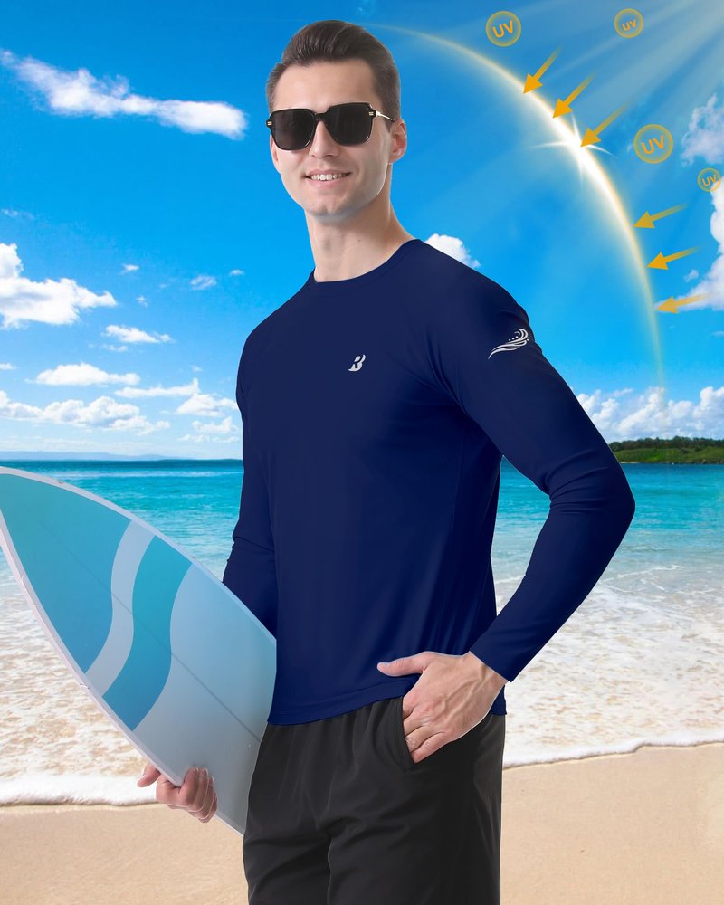 Roadbox Mens UPF 50+ Swim Shirt, Long Sleeve Sun Protection Rash Guard, Slim Fit Fishing Shirts for Beach Surfing Hiking Navy Blue