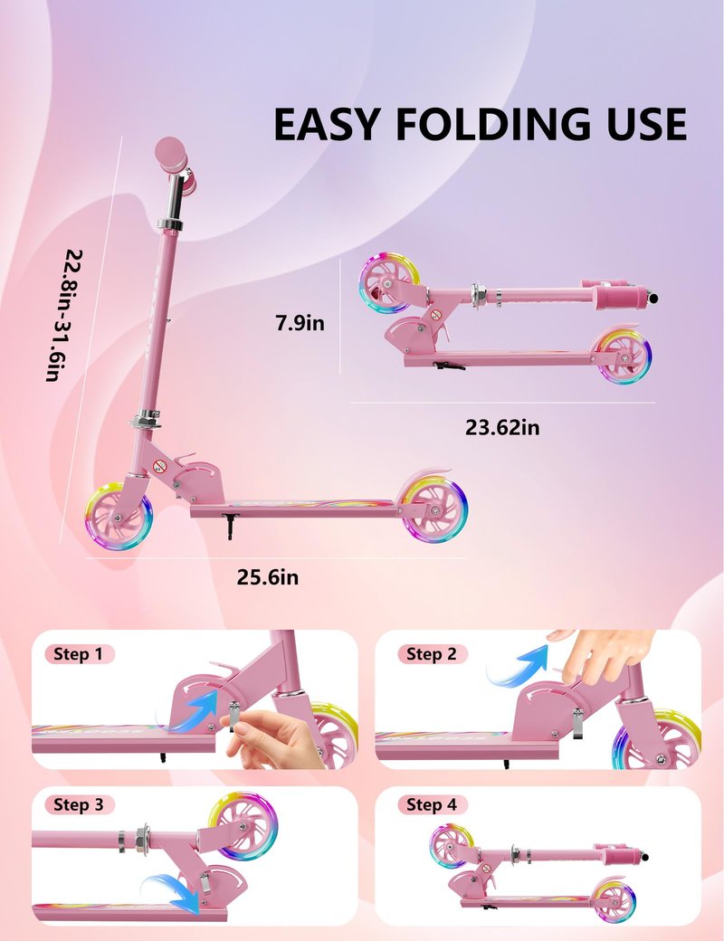 Scooter for Kids Ages 3+, 2 Wheels Kids Kick Scooter with Led Light Up & 3 Levels Adjustable, Lightweight Foldable for Boys&Girls