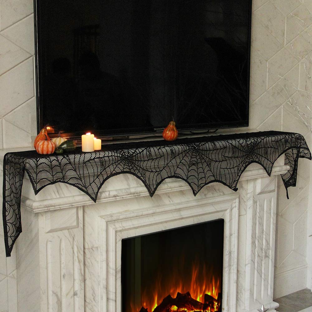 Lulu Home Halloween Fireplace Decorations, Fireplace Mantle Scarf Cover, Black Lace Spider Web for Door, Window and Flowerbeds Decoration, Halloween Party Supplies