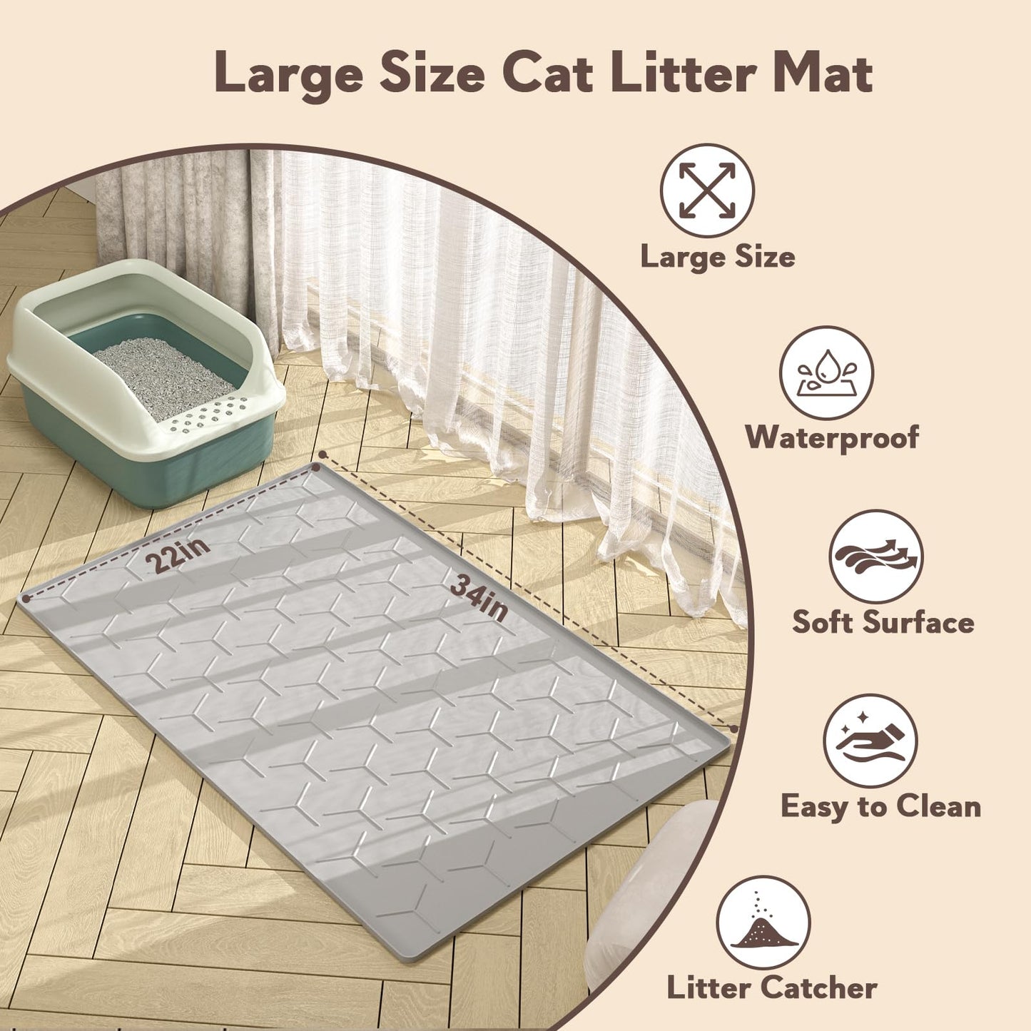 Garoopion Cat Mat for Litter Box, Large 34" X 22" Cat Litter Mat, Waterproof Silicone Pad for Floor, Gray