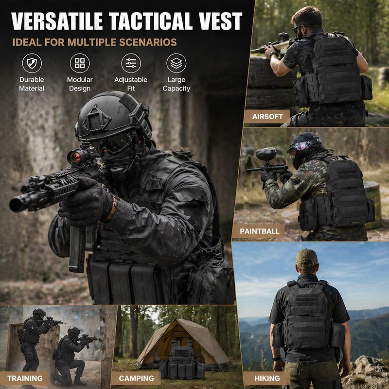 Veasunverse Tactical Vest for Airsoft & Paintball, Adjustable MOLLE Plate Carrier with Patch Panels for Hunting & Outdoor Training(Black)