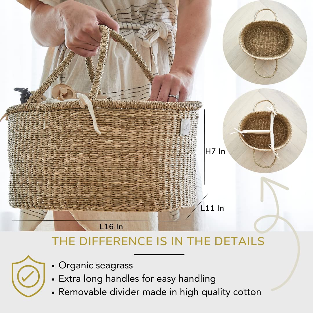 BEBE BASK Premium Baby Diaper Caddy Organizer - Artisan-Made Seagrass Basket With Cotton Divider - Award-Winning & Luxury Diaper Caddy Basket (ROSA)