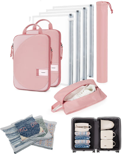 BAGSMART 8 Pcs Compression Packing Bags Set with 4 Pack Vacuum Bags Storage for Cruise Travel Essentials, Hand-rolled Space Saver Vacuum Storage Bags, Baby Pink