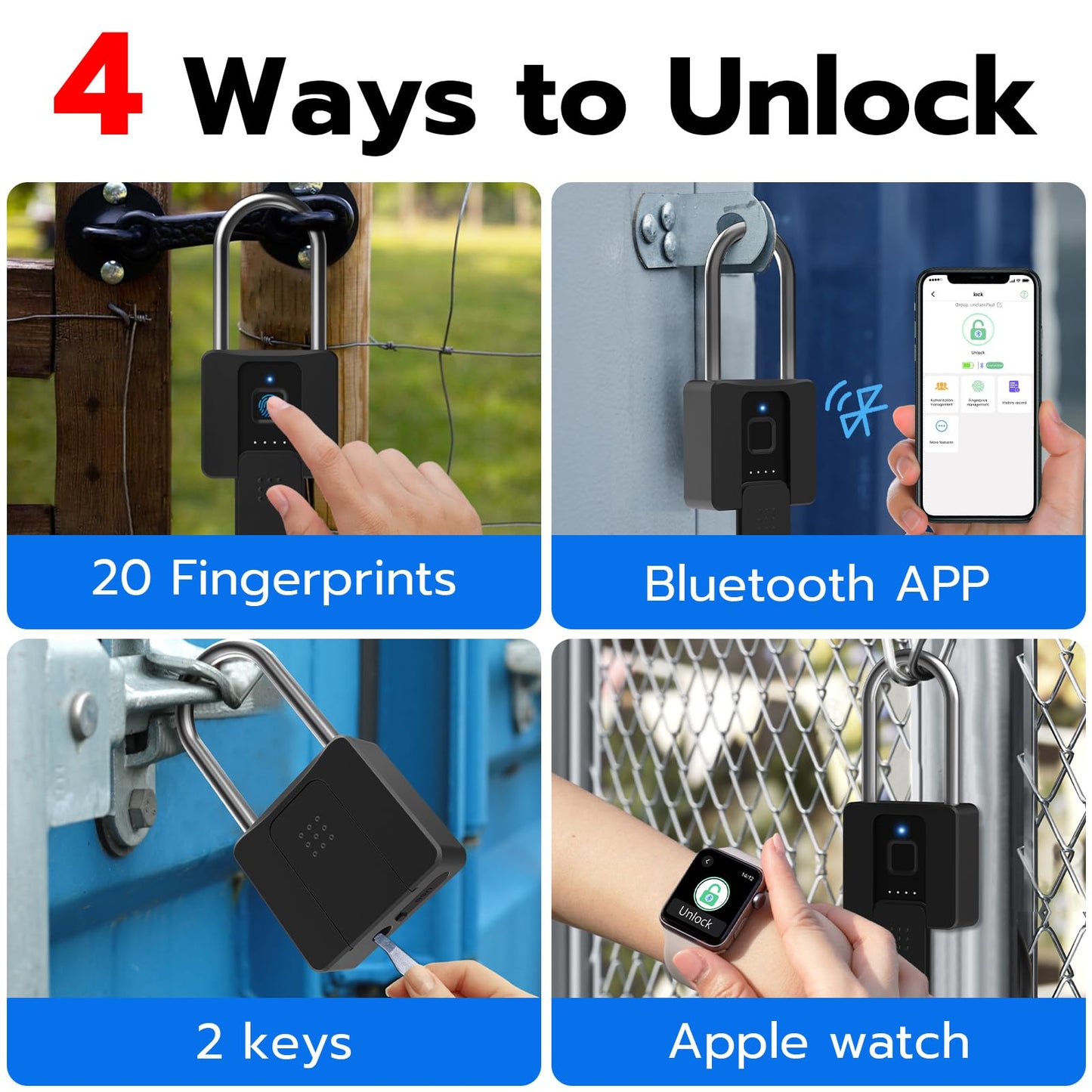 Dhiedas Fingerprint Gate Lock, 2.7'' Long Shackle Heavy Duty Smart Padlock with Key Fingerprint Bluetooth, Waterproof Biometric Keyless Gate Lock for Outdoor Fence Shed Yard Storage Door