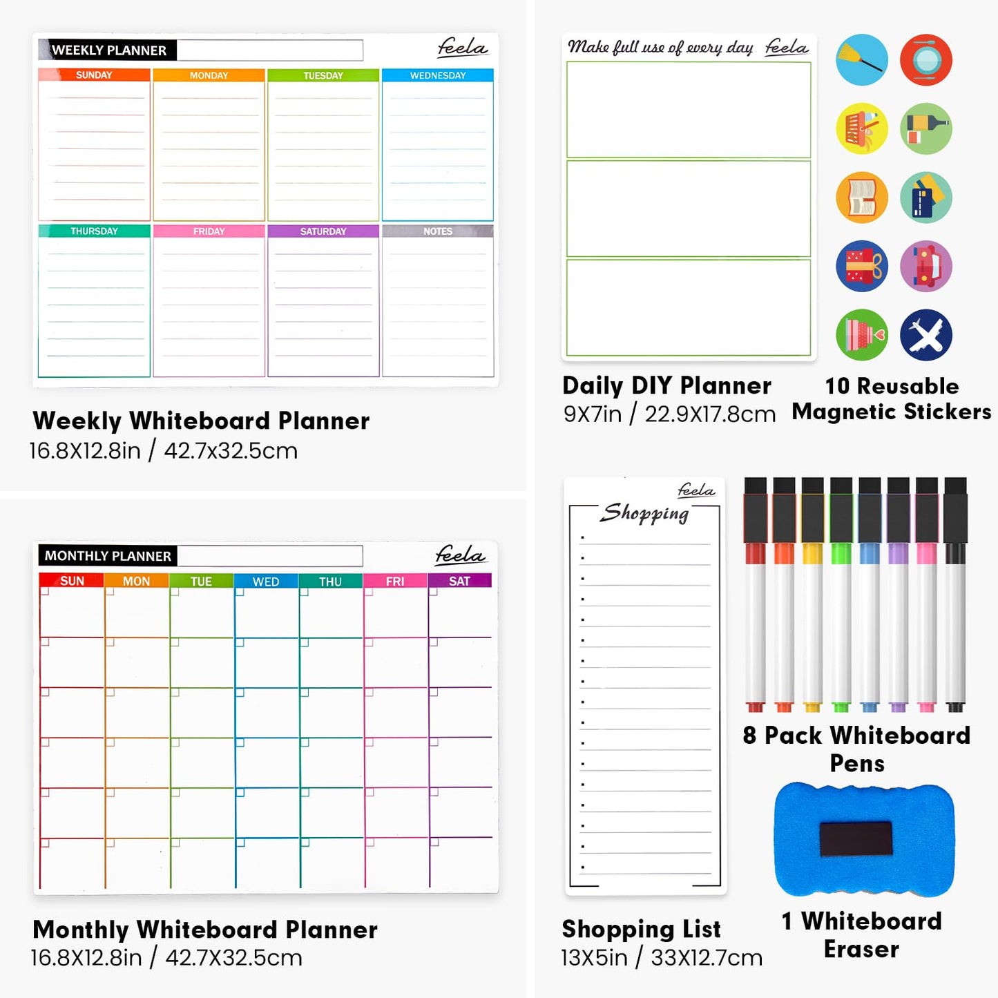 4 Pack Dry Erase 2024 Magnetic White Board Calendar Kit, Feela Monthly Weekly Calendar for Wall Refrigerator, Office Supplies with 8 Magnetic Erase Markers, 1 Eraser, 10 Stickers for Schedule