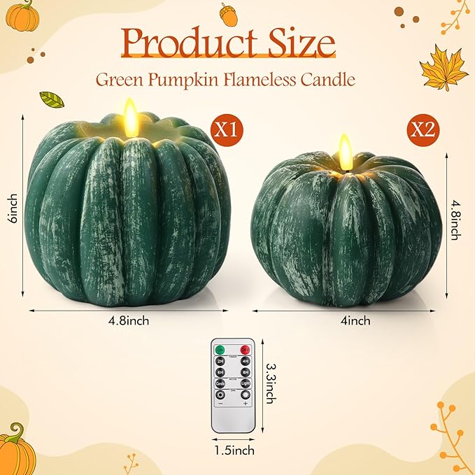 Retisee 3 Pcs Flameless Thanksgiving LED Candle Fall Light up Pumpkin Flameless Candles with Timer Remote Control, 4" 6" h Autumn Farmhouse Rustic Harvest Decor for Home Party(Green)