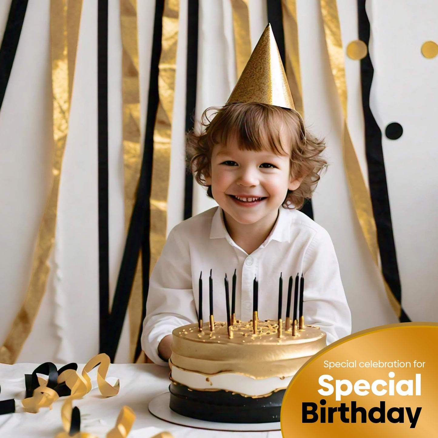 Captain Décor 4 Crepe Paper Streamers Rolls, 328ft Pack of 4 Gold and Black Streamers for Party Decorations, Birthday Streamers, Party Streamers for Wedding Decoration (1.8 inch x 82 ft/Roll)…