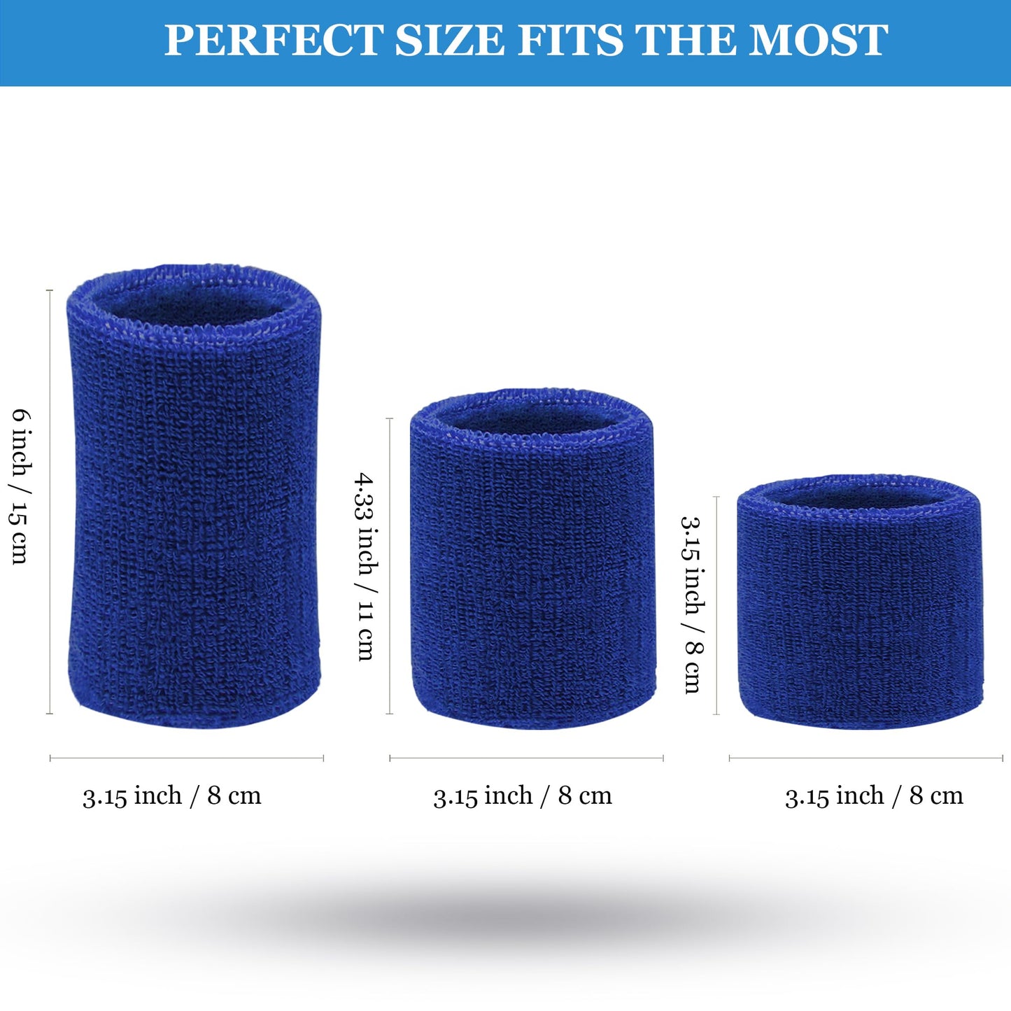 6 Pieces Multi-Sizes Sweatbands Sports Wristband for Men Women Moisture Wicking Tennis Wrist Bands Athletic Cotton Terry Cloth Sweatband for Pickleball,Basketball,Running,Gym,Working Out -Blue