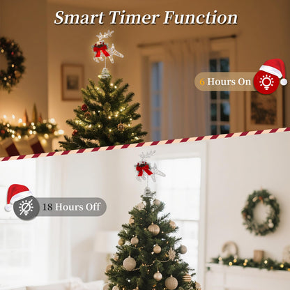 Lewondr Christmas Tree Topper, 11'' Metal Reindeer Christmas Star Tree Topper with Pine Leaves and Bow,30 LED Bulbs,6H Timer, 8 Light Modes, USB & Remote Control Deer Treetop for Home Xmas Decor,White