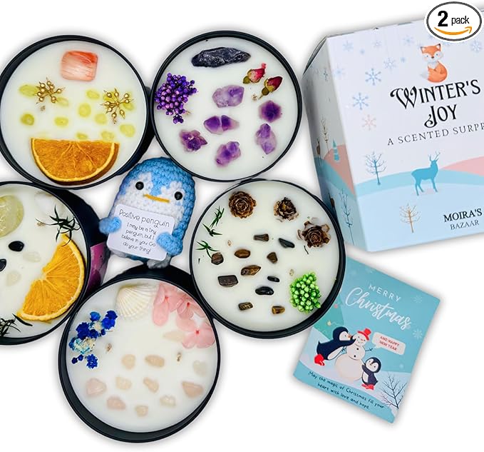 Moira's Bazaar Winter's Joy Gift Set – 16 Oz 50 Hr Scented Candle with Crystals & a Crochet Positive Penguin | Christmas, Holiday, or Motivational Gift, Artisanal Luxury Fragrances (Enchanted Forest)
