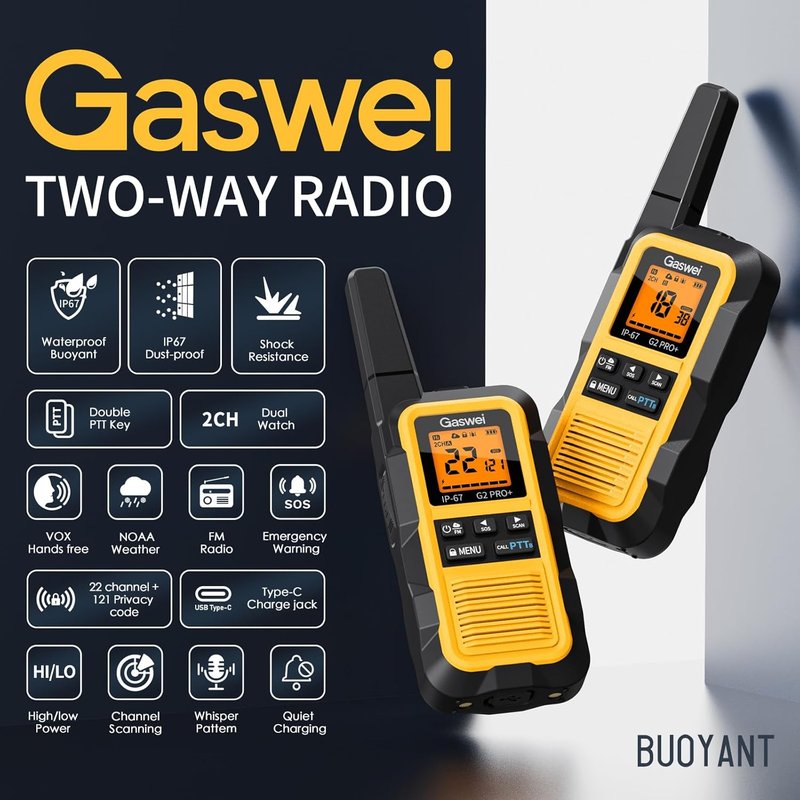 G2pro+ Waterproof Walkie Talkies - Long Range Heavy Duty Two-Way Radios | Rechargeable, FM Radio, SOS, NOAA Weather (2 Pack - Yellow)