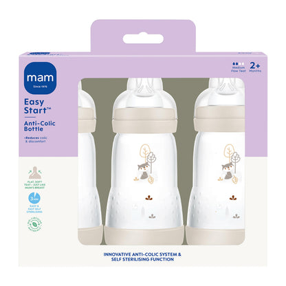 MAM Easy Start Anti-Colic Baby Bottles | 3 Pack (3 x 260) | Self-Sterilising Baby Milk Bottle | Medium Flow MAM Teats Size 2 | Newborn Essentials | Seashell (Various Designs)