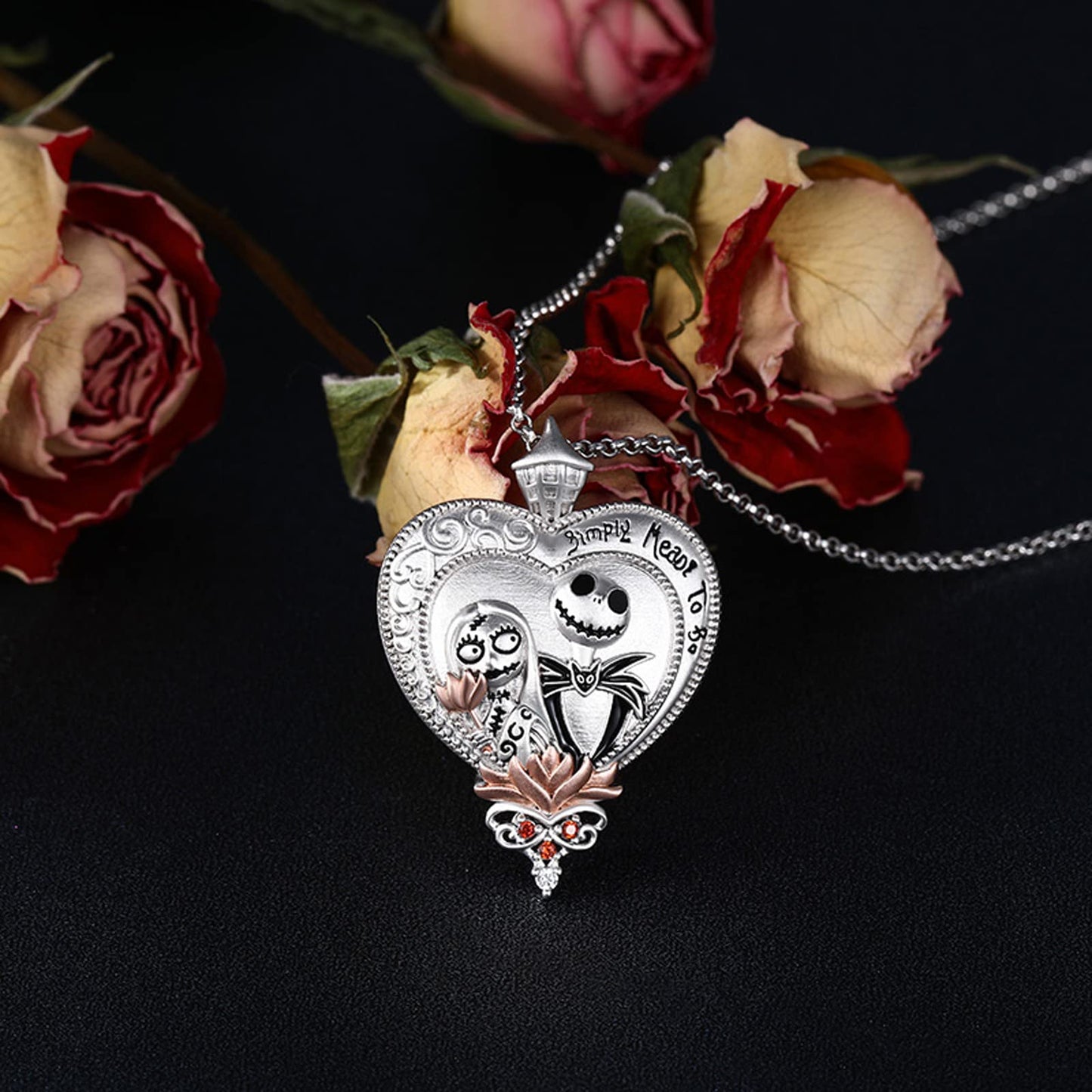 Jeulia Jack Gothic Love Necklace - 925 Sterling Silver Nightmare Pendant Skull Sally Heart Pendant, Spider Web Chain, Halloween Jewelry Gift for Her (Haunted Holidays Inspired)