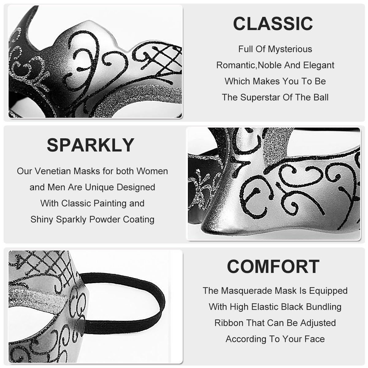 Masquerade Mask for Men Couple Venetian Mask for Halloween Mardi Gras Costume Party Prom Ball (Black+Silver)