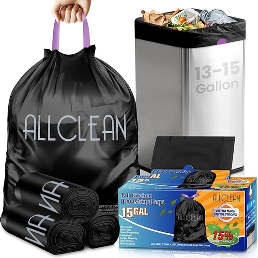 Trash Bags 15 Gallon Tall Kitchen Drawstring Garbage Bags, Fit 13-15 Gal Bins