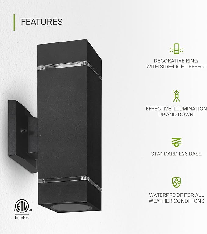 ASD 2 Light Square Outdoor Wall Light Fixture | 120W E26 Bulb Socket 120V ETL Cylinder Up Down Lights | LED/CFL/Incandescent Bulb Exterior Wall Sconce | Front Door, Porch Patio | Ringed Black