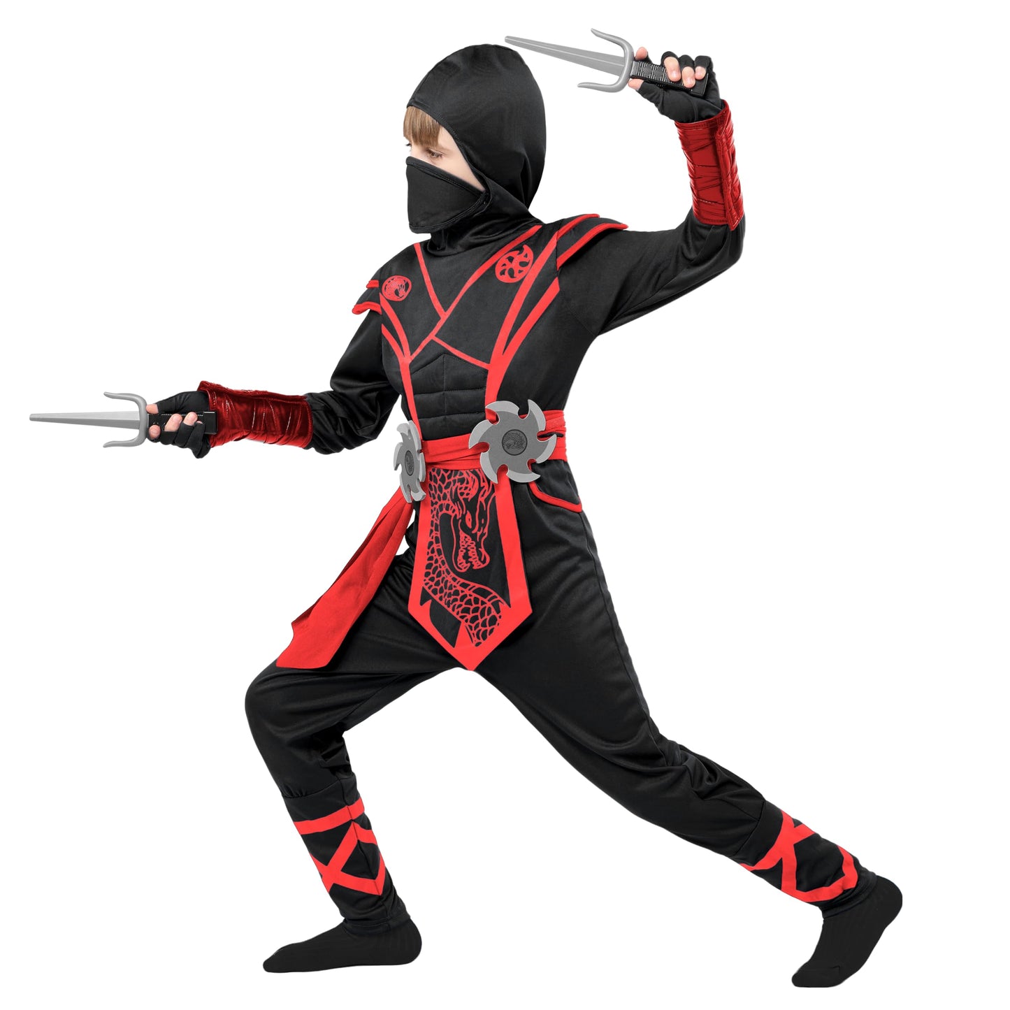 Spooktacular Creations Halloween Ninja Costume Kids, Black Red Ninja Dragon Jumpsuit Set, Boys Halloween Costume for DressUp and RolePlay Party (Medium, 8-10 yrs)