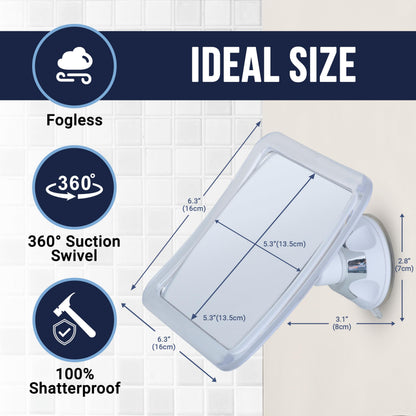 MIRRORVANA Fogless Shower & Shaving Mirror with Upgraded Suction Mount for Bathroom, Anti Fog & Mist Free Shatterproof Surface and 360° Swivel, 16cm x 16cm (1X Magnification)