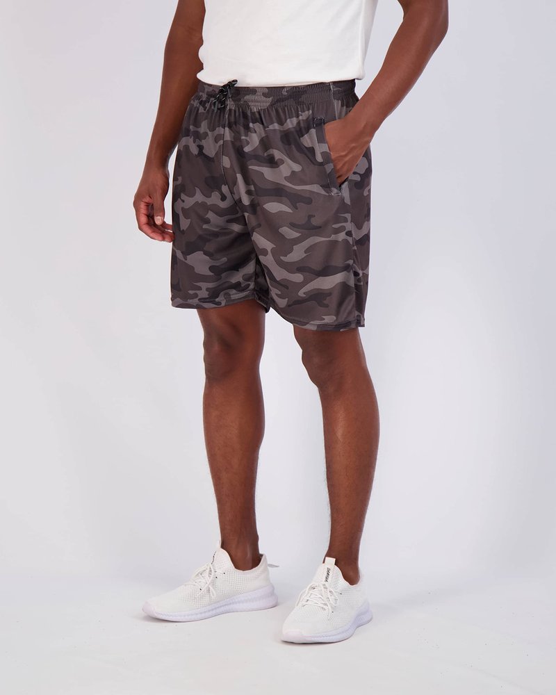 Real Essentials 4 Pack: Men's Mesh 7" Athletic Zipper Shorts Workout Gym Running Basketball (7 Inch Set 6, Black, Camo, Charcoal, Green - L - Standard)