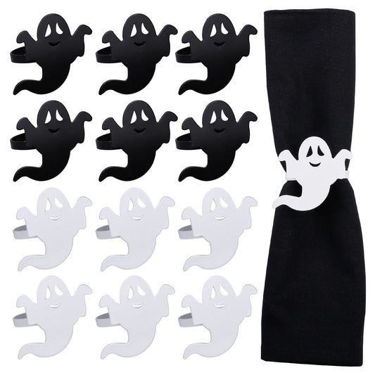 Ghost Napkin Rings Set of 12, White and Black Ghost Napkin Buckle for Halloween Holiday Birthday Party Decoration