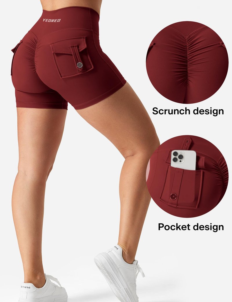 YEOREO Women's High Waisted Scrunch Workout Shorts with Pocket - Deep Burgundy, Size Large