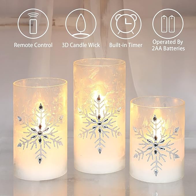 Christmas Flameless Candles, Jeweled Snowflake Iced Glass Candle, LED Flickering Pillar Candle with Timer&Remote for Xmas,Home Decor,Holiday,Set of 3 (D 3” X H 4” 5” 6”)