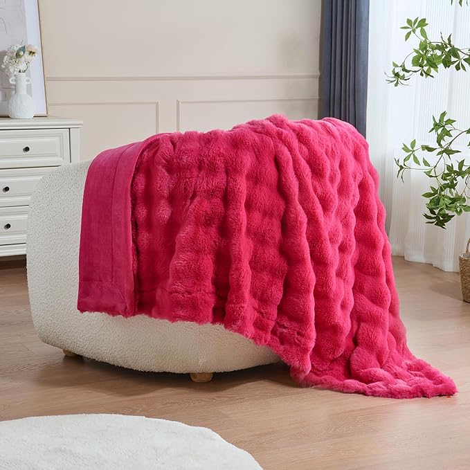 Krifey Hot Pink Bubble Blanket for Women, Soft Cloud Touch Bed Throw, Cozy Fuzzy Plush Thick Warm Blanket, Faux Rabbit Fleece, Christmas Birthday Gifts for her Girls Mom, Dorm Room Decor, 50x60in