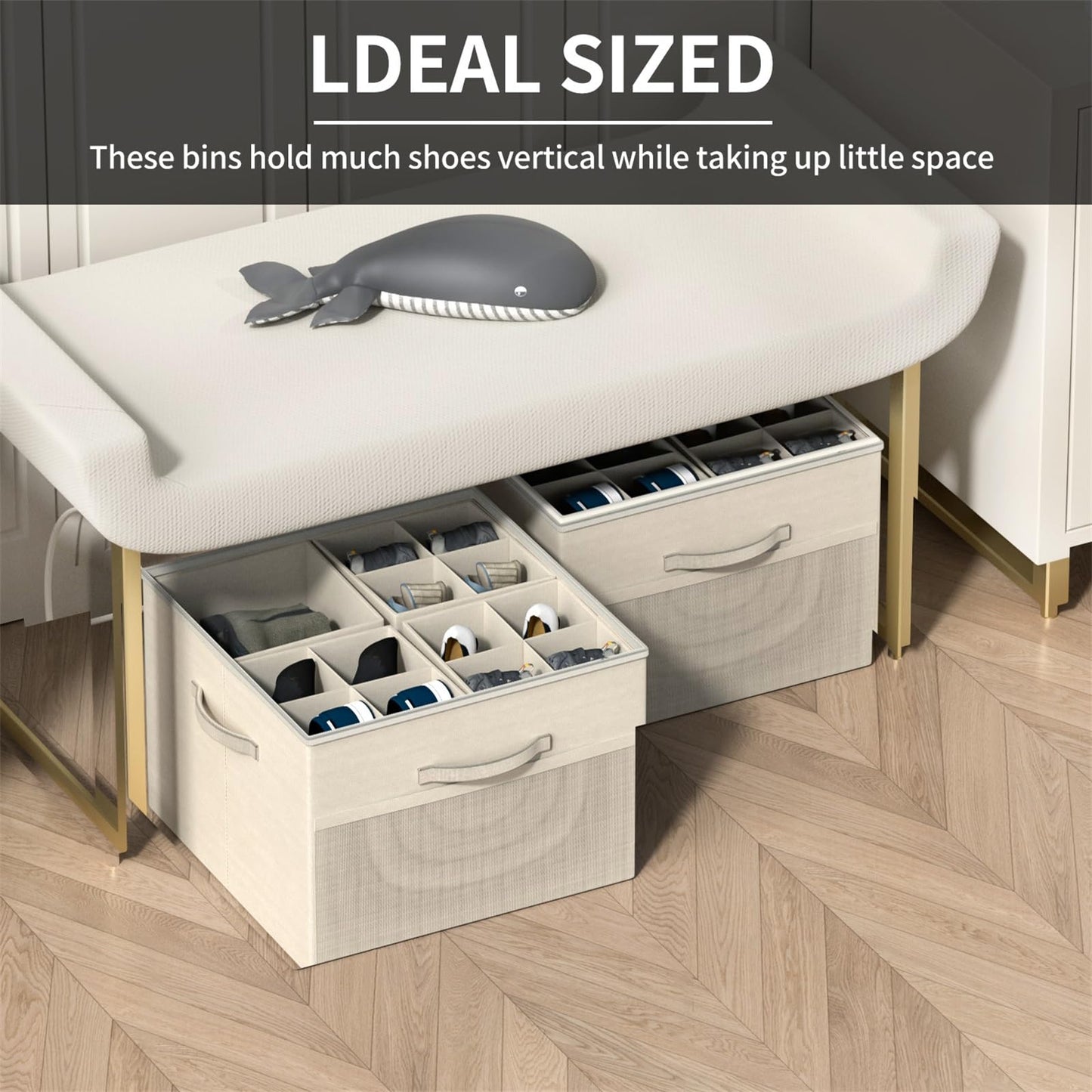 Aokeyee Shoe Organizer for Closet,2 Pack Foldable Shoe Storage Organizer Box Bin with Adjustable Dividers and Clear Cover, Fits up to 16-32 Pairs (Beige)