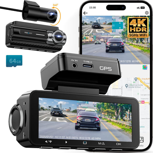 Dash Cam Front Rear 4K Built-in 5G WiFi GPS, Voice Control, 3.39 inch IPS Screen, Dual Dash Camera for Car Includes 64GB SD Card, Super Night Vision, 24H Parking Monitor, Supercapacitor, Type C, HDR