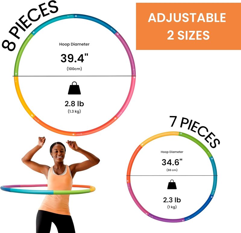 Weighted Fitness Hoop - Adjustable 2.8 lb Large Size for Core Workouts & Weight Loss | 8 Detachable Sections