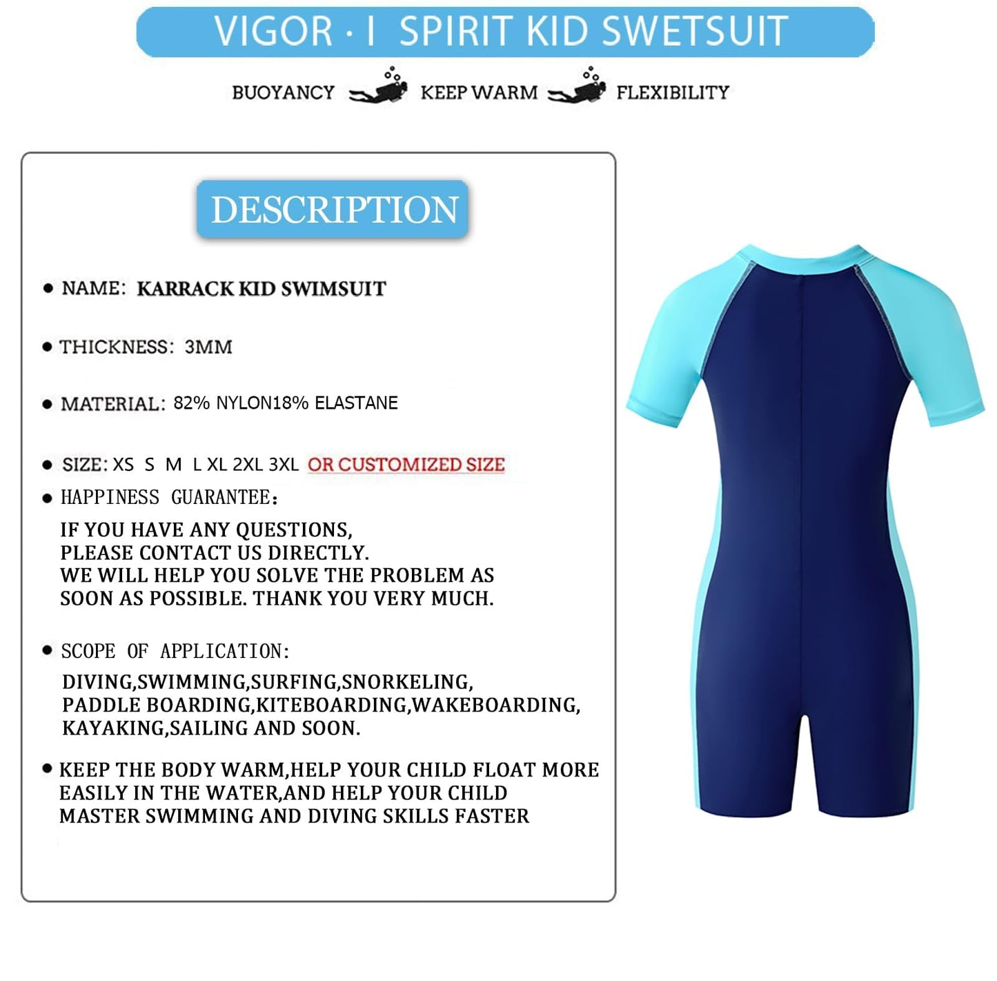 karrack Girls and Boys One Piece Rash Guard Swimsuit Kid Water Sport Short Swimsuit UPF 50+ Sun Protection Bathing Suits (Size 2-3Years) Blue