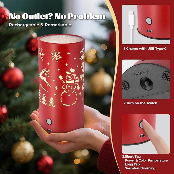 Christmas Table Lamp with Hollow-Out Design - Rechargeable Touch Control Dual Color LED, Warm/Cool White Metal Decor for Home Desk Party, 1200mAh Battery(Red)