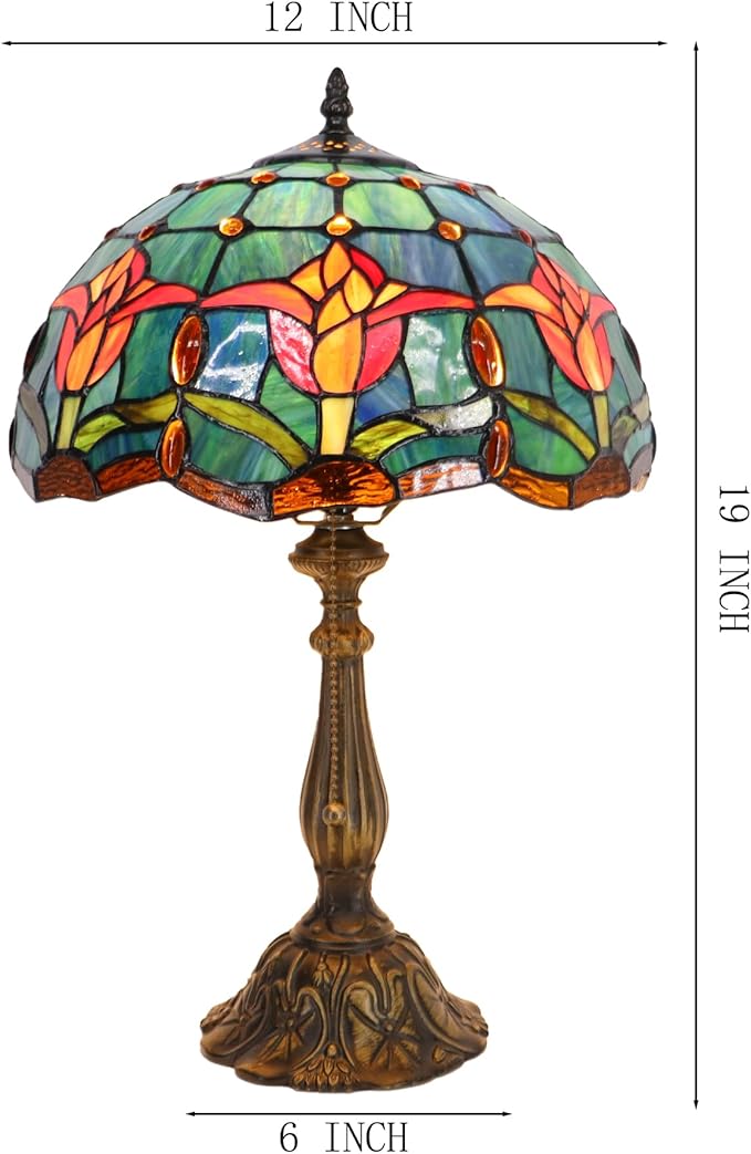Tiffany Lamp Stained Glass Table Lamp Bedside Reading Light W12H19 Inches (Tulip Style)
