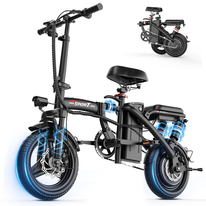 GWEIT Electric Bike for Adults Teens, 800/1200W Peak Folding Ebike, 22/25MPH & 30/45 Miles Range, 14" Commuting Ebike with Dual Suspension & Dual Brake, 3-Speed Modes, Portable Electric Mini Bike