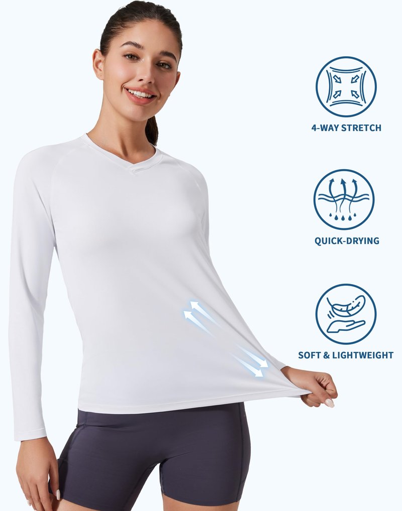Pioneer Camp Women's UV Sun Protection SPF Shirt V Neck UPF 50+ Long Sleeve Workout Tops Quick Dry Rash Guard Hiking Running White
