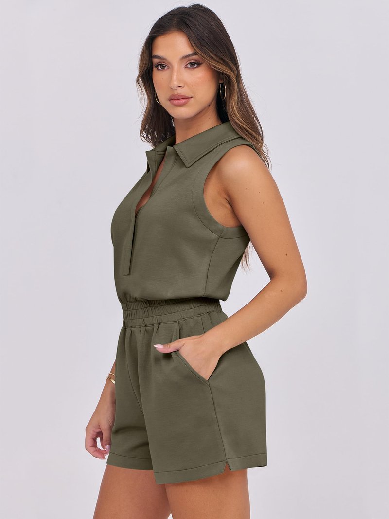 ANRABESS Romper for Womens 2025 Summer Dressy Casual Sleeveless V Neck One Piece Short Jumpsuit Lounge Travel Outfits Clothes Army Green Medium