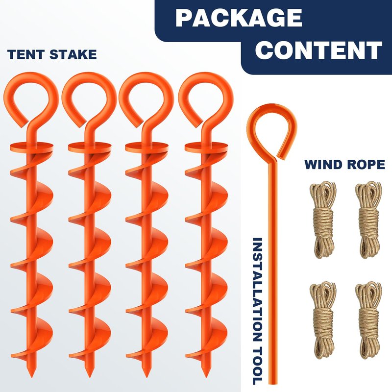Eurmax USA 4 Pack Heavy Duty Ground Stakes,Industrial Grade Spiral Steel Screw-in Anchors with 4 Bonus Tie-Down Ropes,High Wind Stabilizing Kit for Trampolines,Dog Tie-Out,Canopy Tents,Sheds,Orange