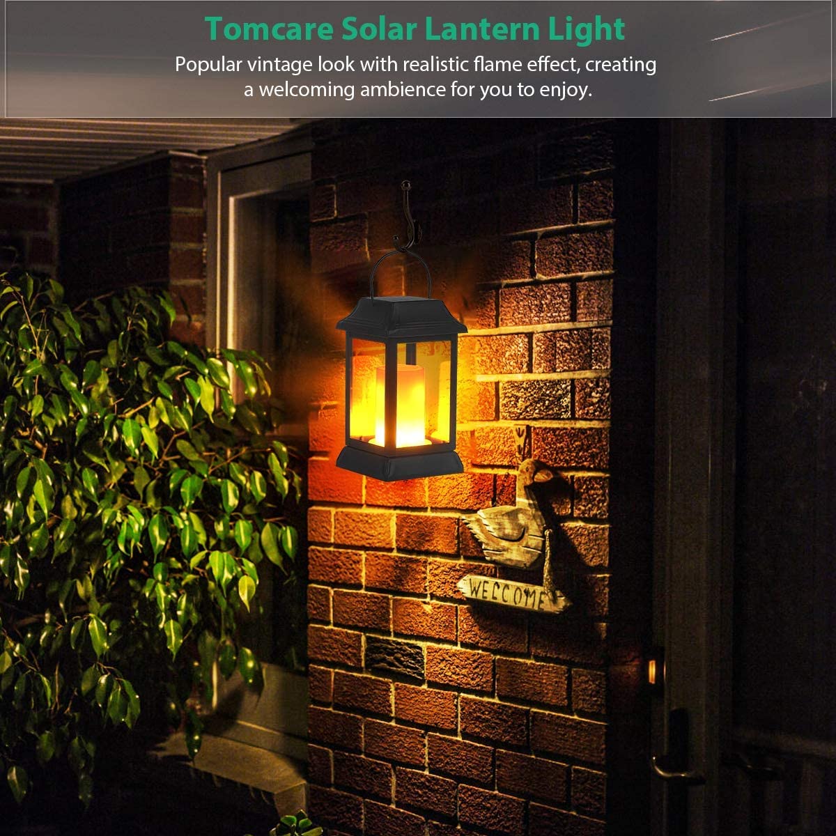 TomCare Solar Lights Metal Flickering Flame Solar Lantern Outdoor Hanging Lanterns Decorative Lighting Heavy Duty Solar Powered Waterproof Umbrella Lighting for Garden Yard Patio Deck, 2 Pack（Black）