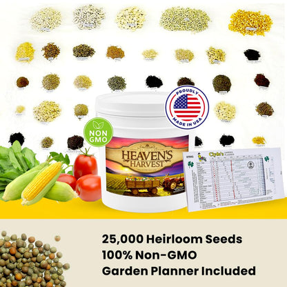 Heaven’s Harvest - 10 Year Survival Or Homestead Garden | 25k+ Heirloom Vegetable Seed Bank Kit | Includes Free Clyde’s Garden Planner & Seed Vault Storage Drum | Non-GMO