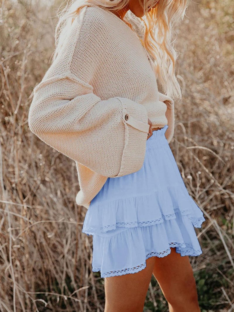 Aoudery Flowy Shorts for Women Casual Boho Ruffle Tiered Skorts High Waist Mini Skirts Golf Tennis Butterfly Crochet Shorts - Light Blue L