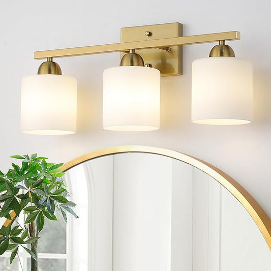 Stainless Steel Milk Glass Vanity Lights for Bathroom, 3 Light Gold Bathroom Light Fixtures Over Mirror, Ceramic E26 Sockets Wall Mounted