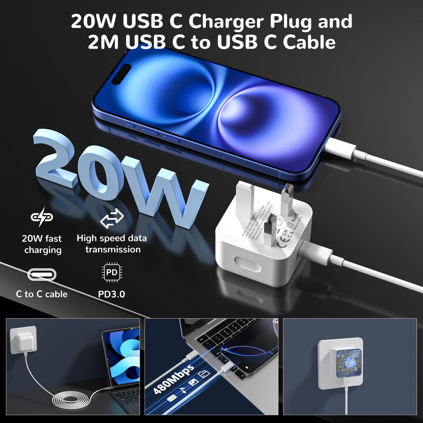 for iPhone 17 16 15 Fast Charger, 2Pack USB C Charger Plug 20W with 6FT USB C to C Cable for iPhone 17 16 15/ Plus/Pro/Pro Max, for iPad Pro/Air/Mini-USB C to C Charging