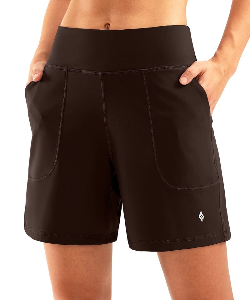 SANTINY Women's 6'' Athletic Long Shorts with 4 Pockets High Waisted Bermuda Shorts for Women Walking Running Casual (Brown_XL)