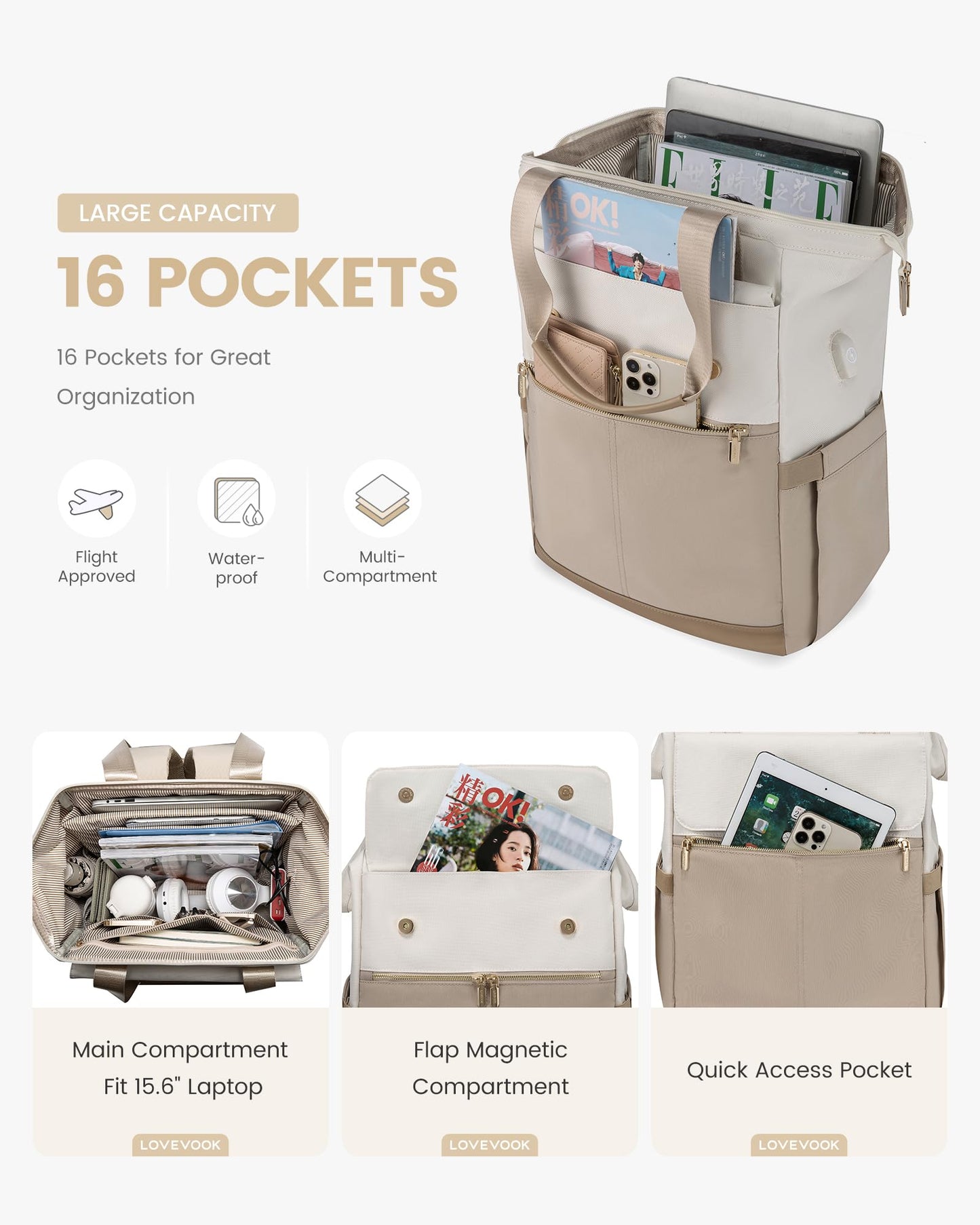 LOVEVOOK Women Backpack Laptop Backpack School Bag Waterproof, Beige and Khaki, 15,6 pouces, Casual