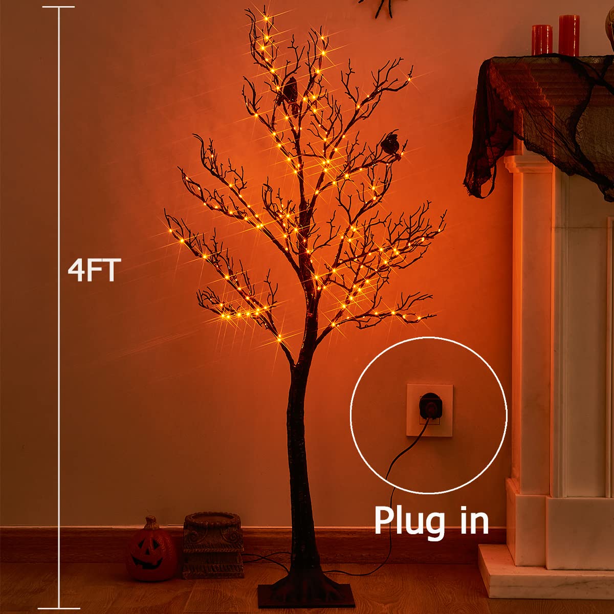 Hairui Lighted Halloween Tree with 150 Orange Fairy Lights 4FT, Spooky Black Tree Lights Plug in for Indoor Outdoor Home Halloween Party Decoration