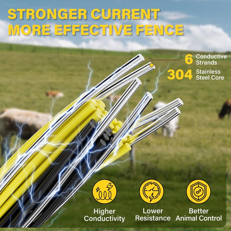 HOKINETY Electric Fence Wire 3366Ft 1026M- 6 Stainless Steel Strands Polywire for Reliable Conductivity - Electric Fence Poly Wire for Portable Livestock Fencing