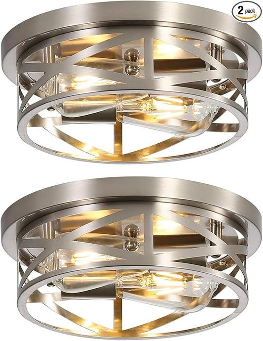 2 Pack Close to Ceiling Lights, Modern Brushed Nickle Flush Mount Ceiling Light Fixture, 11 Inch Modern E26 Base Metal Cage Indoor Kitchen Ceiling Lights for House Hallway Bedroom Living Room