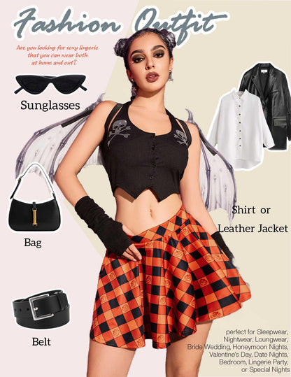 Avidlove Halloween Skirt for Women Pleated Skirt Cosplay Costume A Line Mini Short Skirt (Pumpkin Plaid, X-Large)