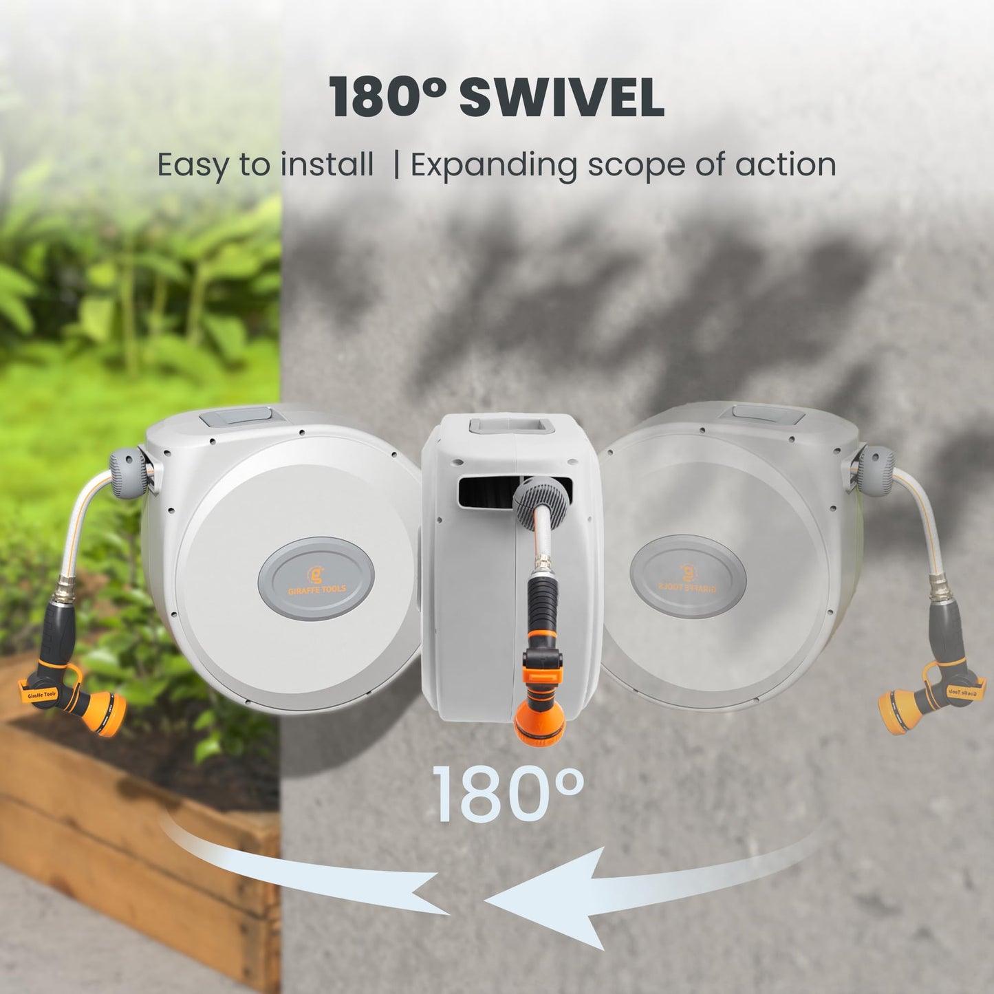 Giraffe Tools CW20 Retractable Garden Hose Reel 5/8" x 60 ft Heavy Duty Water Hose Reel, Swivel Bracket, Any Length Lock, Light Grey